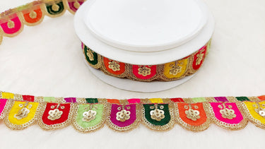 Multicoloured Scalloped Lace Trim with Gold Sequins Embroidery, Fringe Lace Trim, Sari Trimming